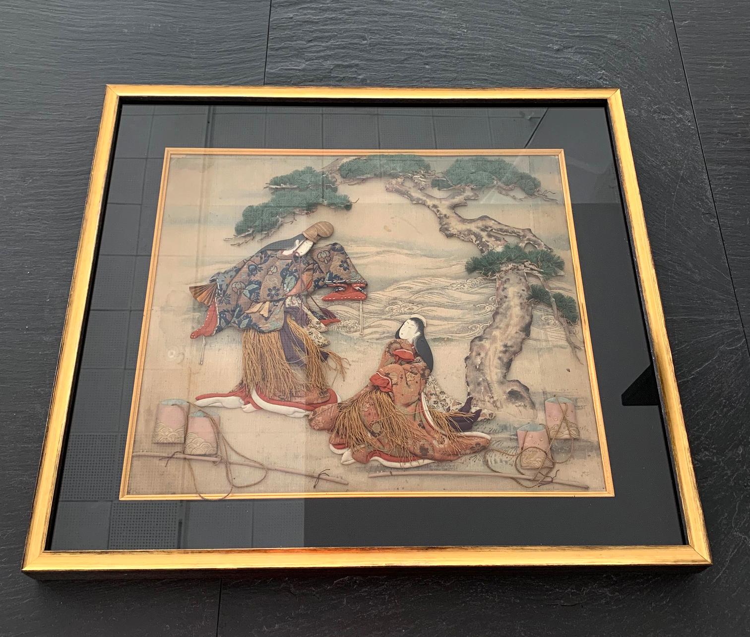 A relatively rare example of a textile art called Oshi-E from Meiji Period Japan (1868-1912). It depicts two court ladies in their fine attires having a picnic under a pine tree by the river. The two ladieswere sharing a leisurely moment with one