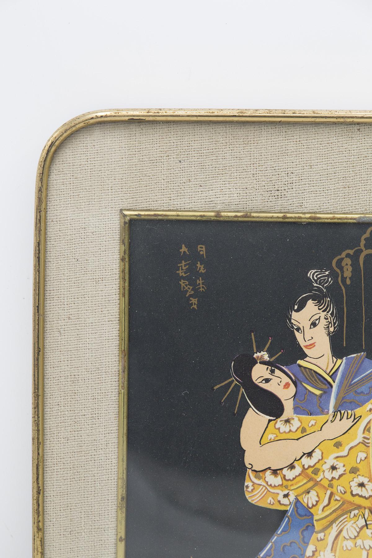 Antique and very rare Japanese painting made in the early 1900s by a fine Japanese manufacturer.
The painting has a rectangular brass frame with rounded corners. Internally we see an additional frame made of yuta, classic sand colour, very