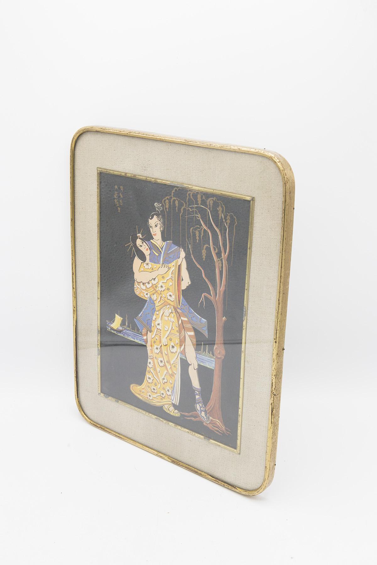 Anglo-Japanese Antique Japanese Painting Framed on Jute 'Lovers Dance' For Sale
