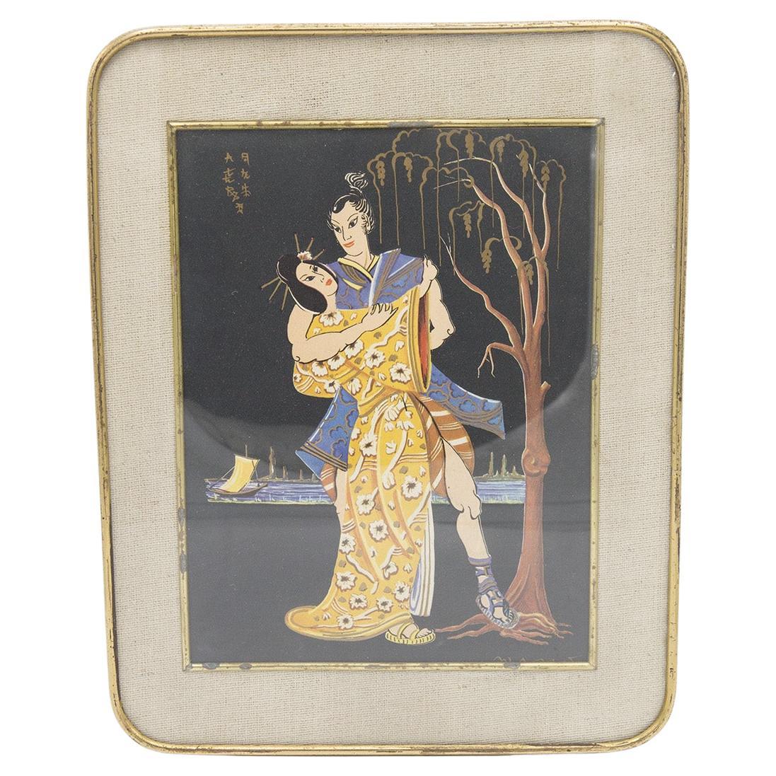 Antique Japanese Painting Framed on Jute 'Lovers Dance'