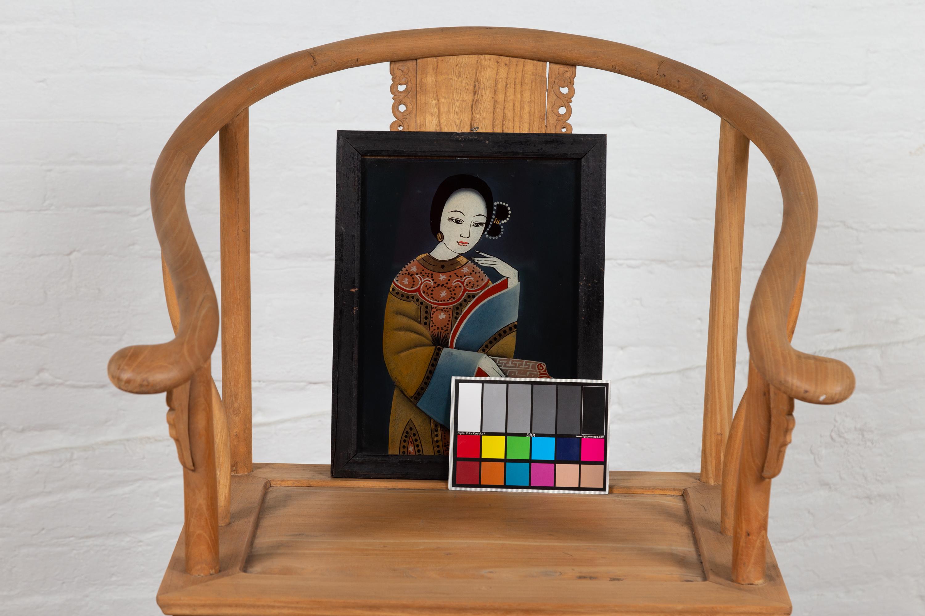 Antique Japanese Painting on Glass Depicting a Woman, Set in a Black Frame 6
