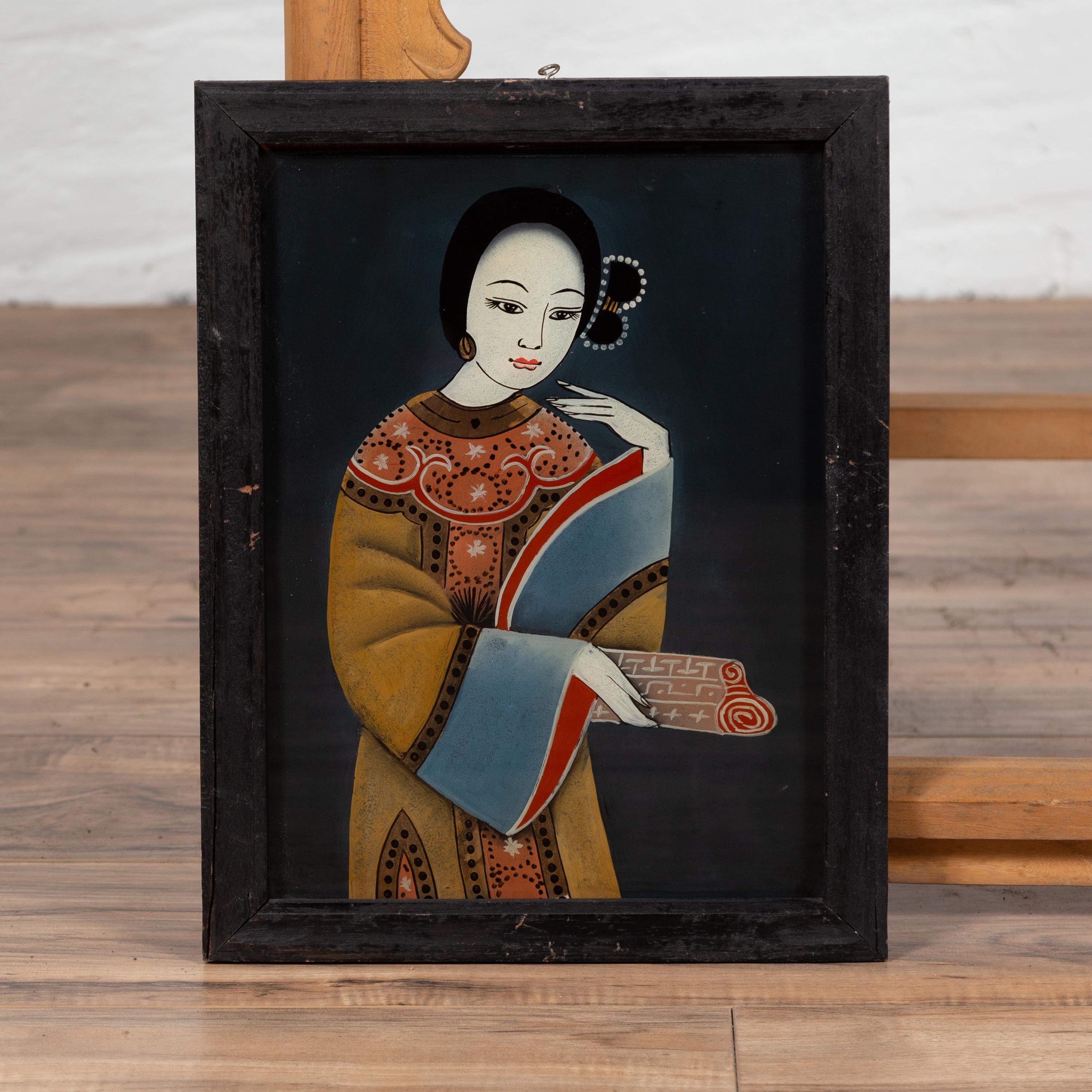 Hand-Painted Antique Japanese Painting on Glass Depicting a Woman, Set in a Black Frame
