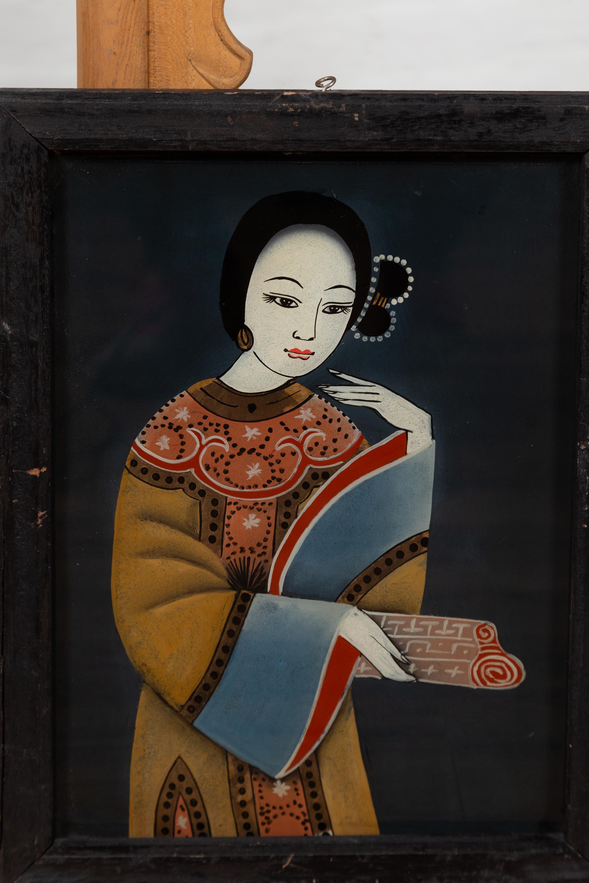 Antique Japanese Painting on Glass Depicting a Woman, Set in a Black Frame In Good Condition In Yonkers, NY