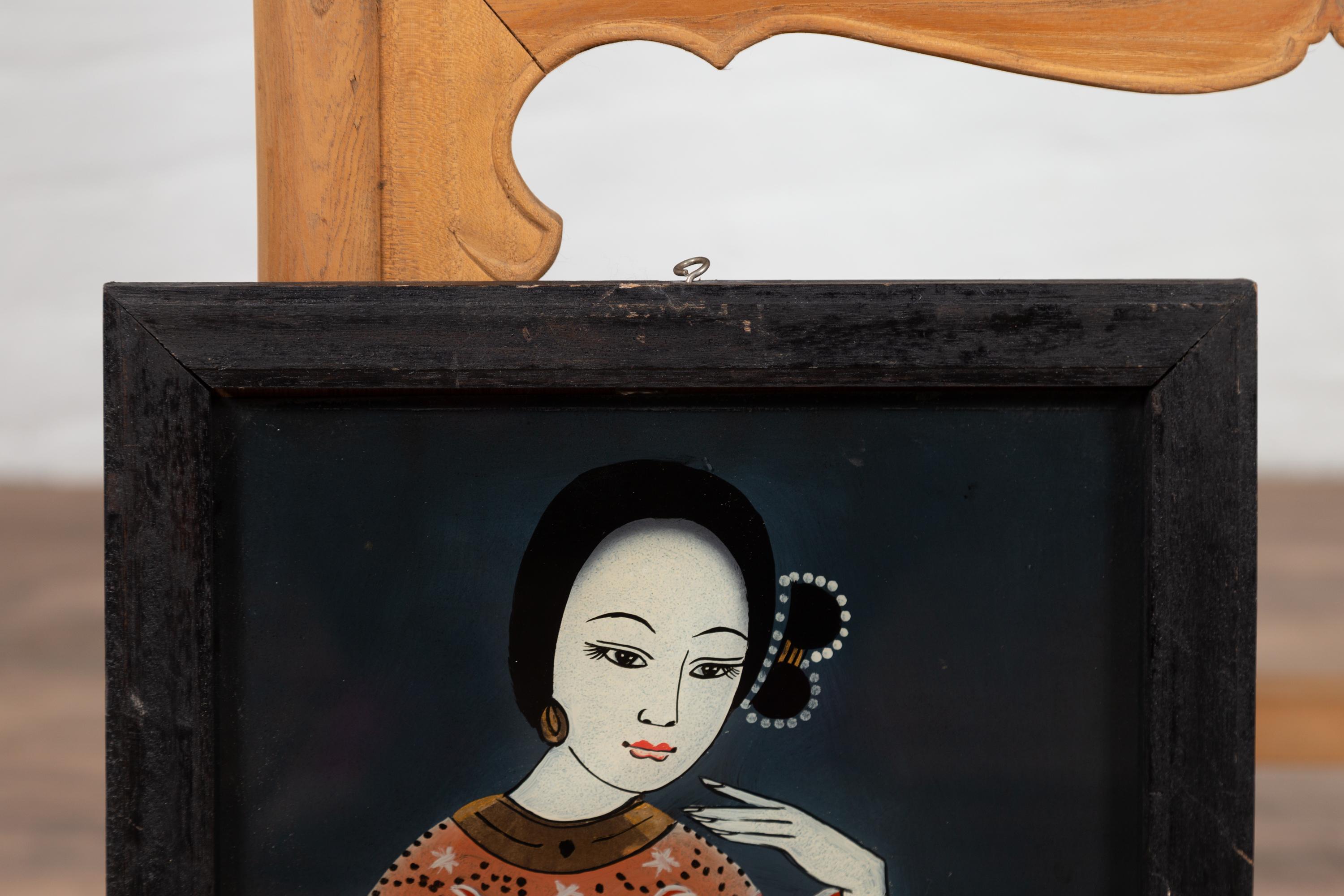 20th Century Antique Japanese Painting on Glass Depicting a Woman, Set in a Black Frame
