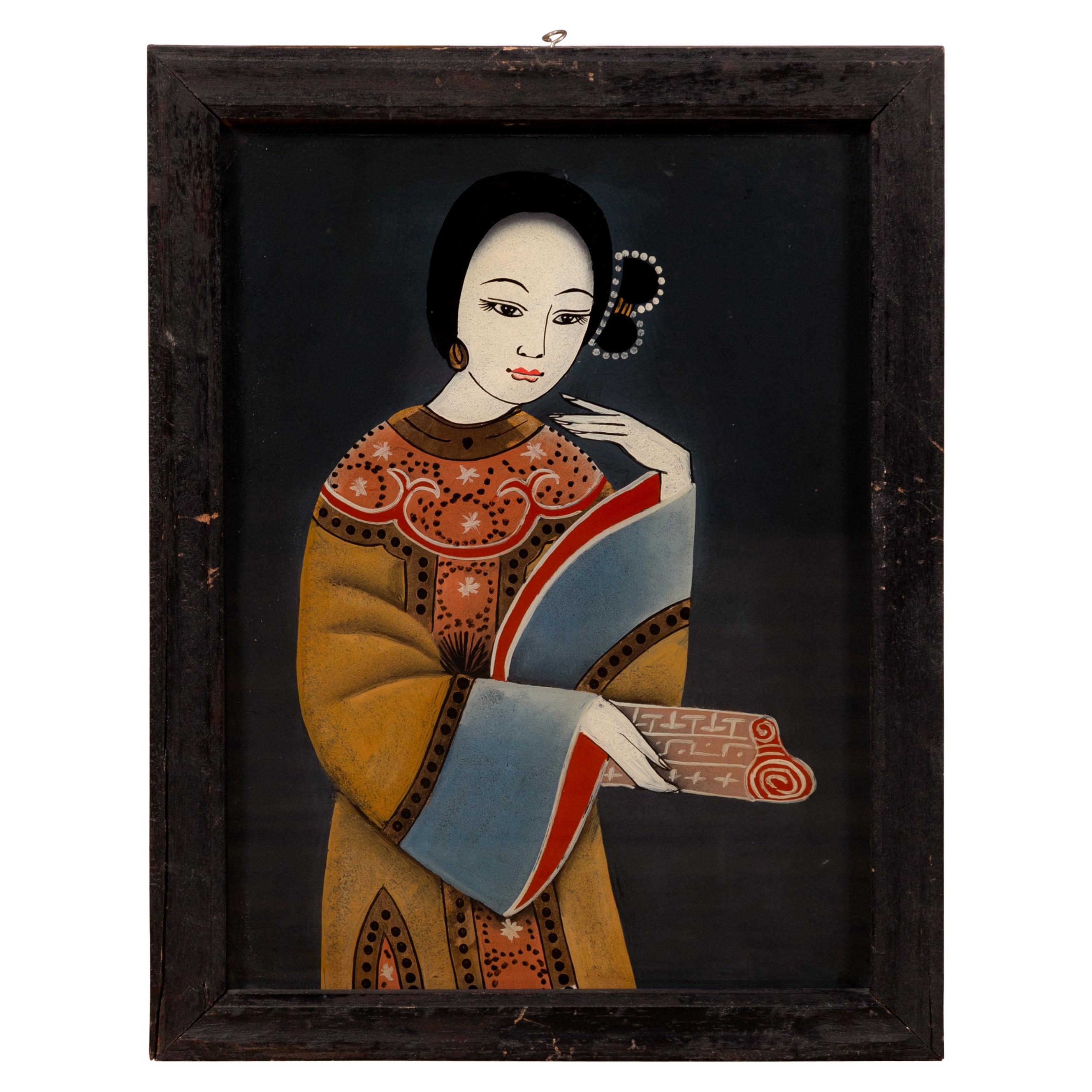 Antique Japanese Painting on Glass Depicting a Woman, Set in a Black Frame
