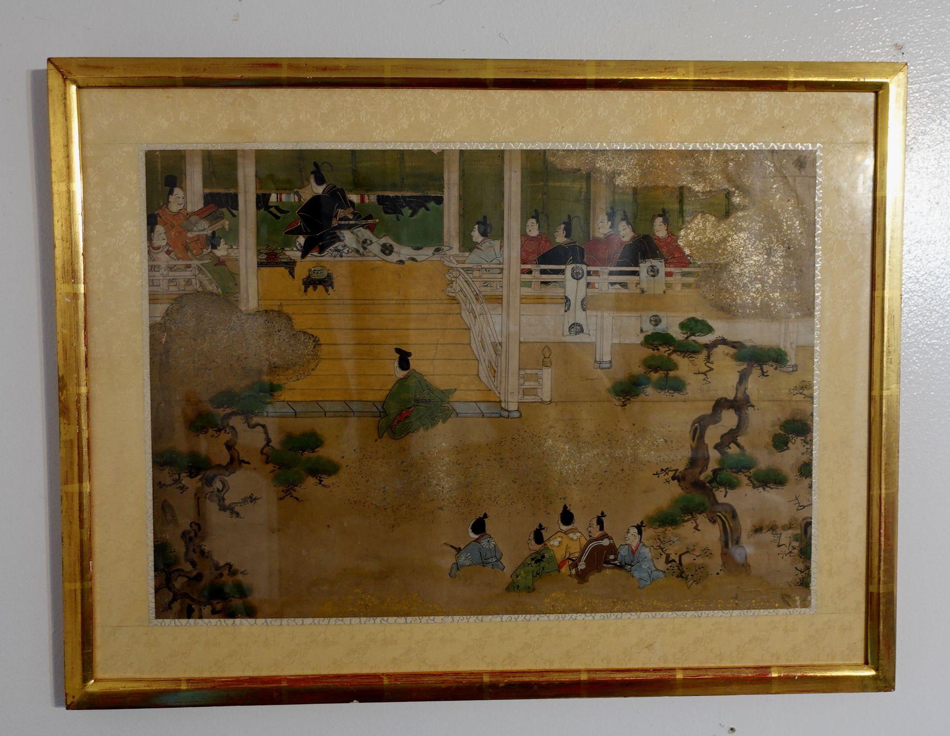 Anonymous (late 18th - 19th century)
Painting Depicting a Scene from the Tale of Genji, Japan, late Edo/Meiji period, depicting a garden scene with a clan leader in appreciation of a hanging scroll painting with his inferiors and servants in