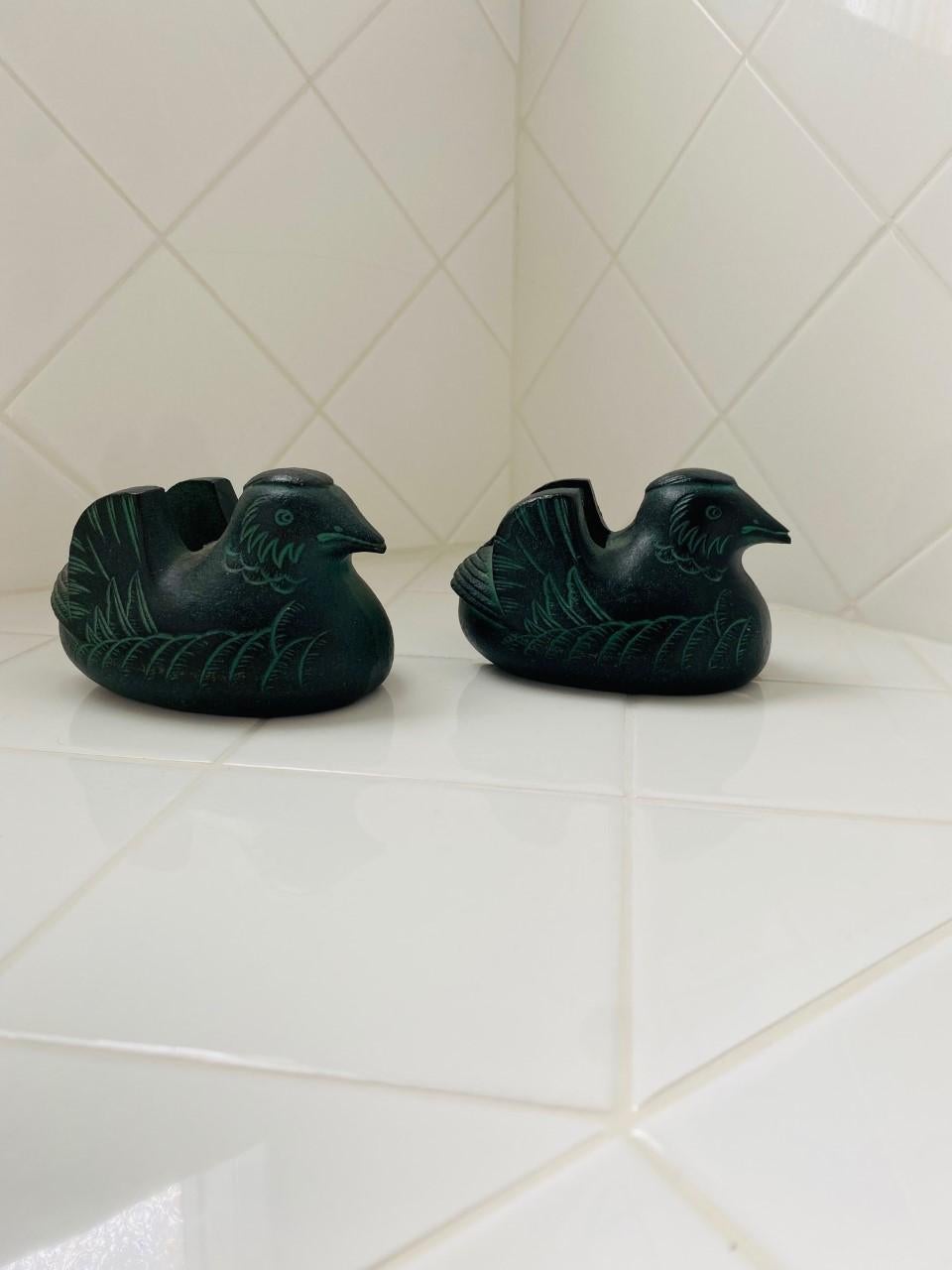 Antique Japanese Pair Bronze Mandarin Duck Screen Holders In Good Condition In San Diego, CA