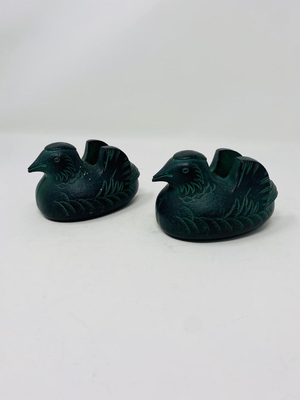 Early 20th Century Antique Japanese Pair Bronze Mandarin Duck Screen Holders For Sale