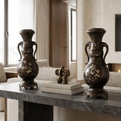 Antique Japanese Pair of Meiji Period Bronze and Mixed Metal Vases