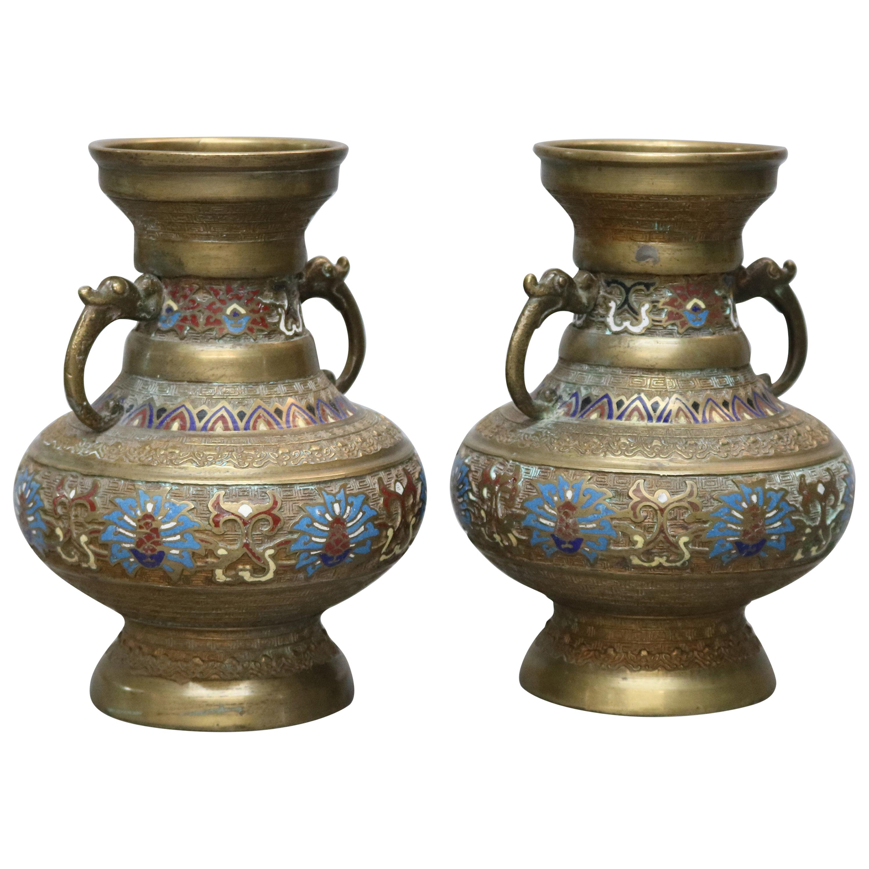 Antique Japanese Persian Style Champlevé Enameled Bronze Vase Set, circa 1900 For Sale