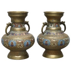 Antique Japanese Persian Style Champlevé Enameled Bronze Vase Set, circa 1900