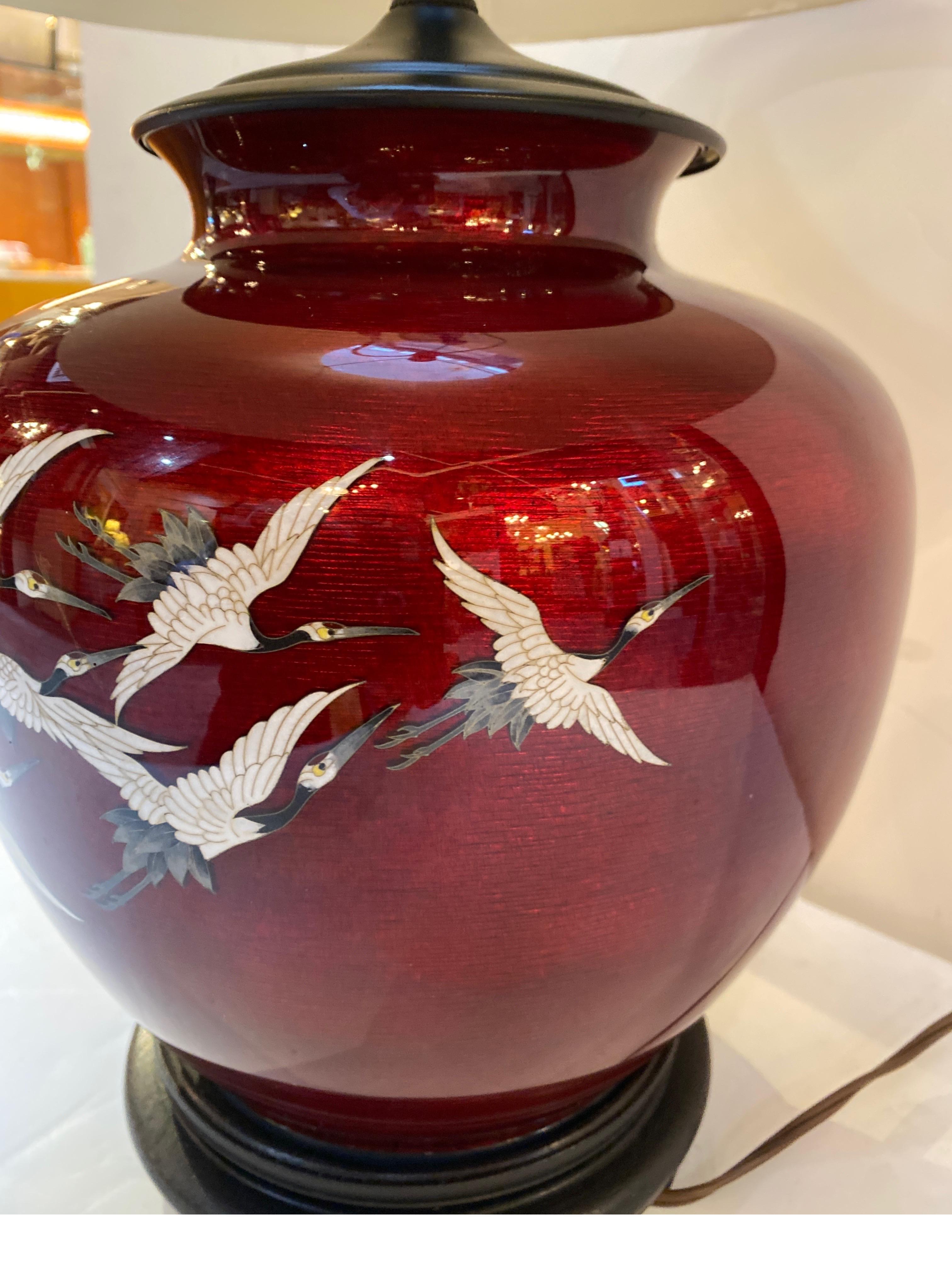 Antique Japanese Pigeon Blood Cloisonné Crane Vase Now Electrified In Excellent Condition In Lambertville, NJ