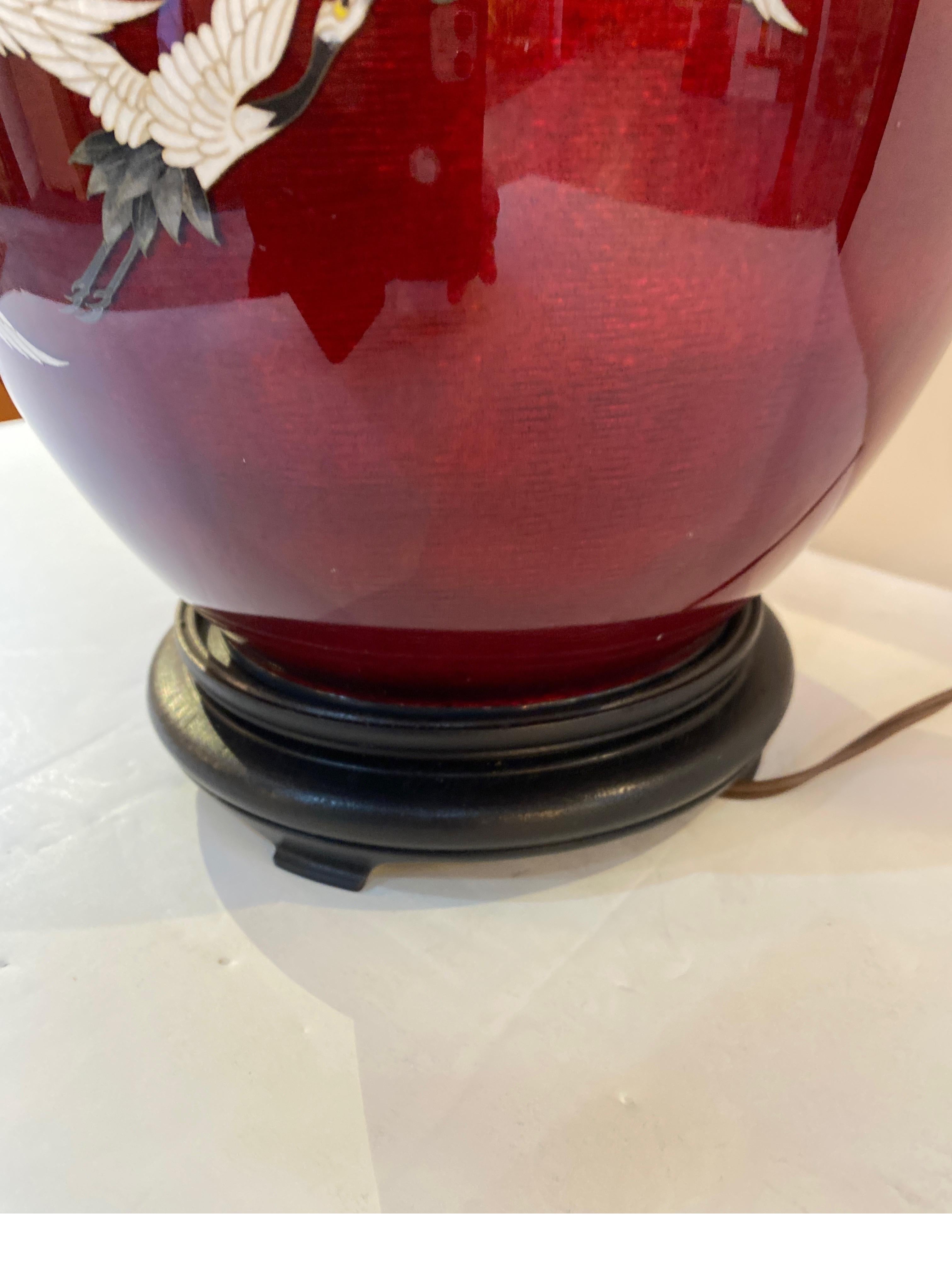 Early 20th Century Antique Japanese Pigeon Blood Cloisonné Crane Vase Now Electrified
