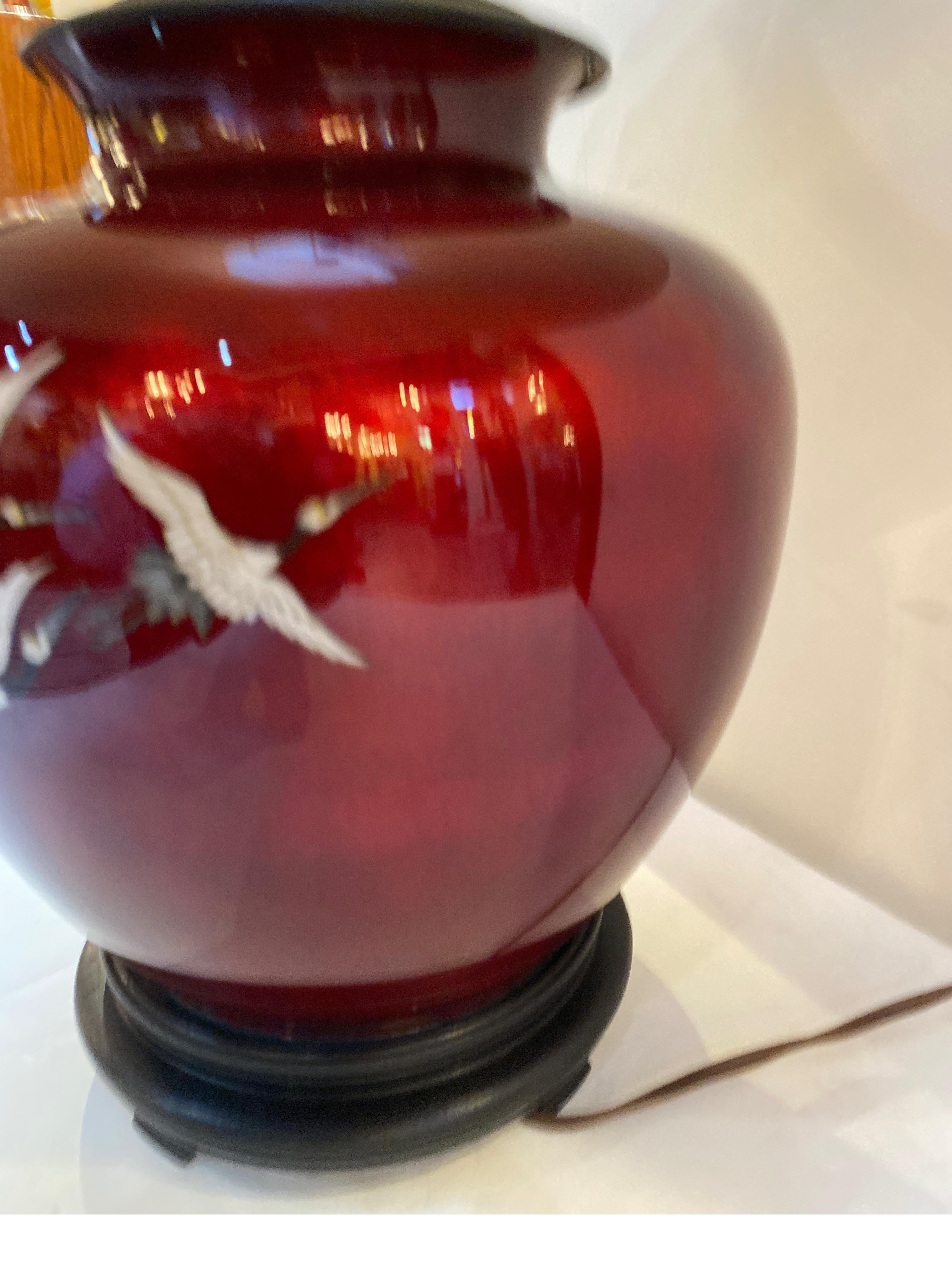 Copper Antique Japanese Pigeon Blood Cloisonné Crane Vase Now Electrified