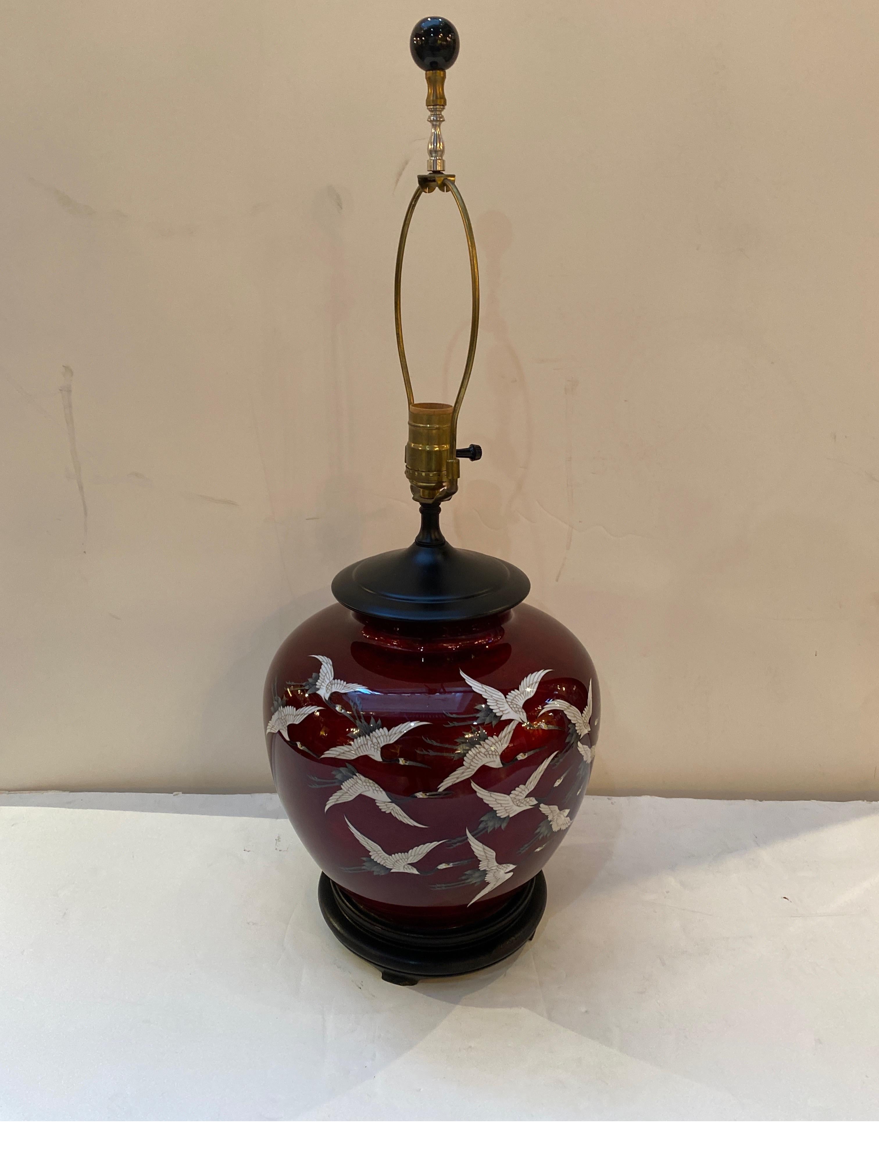 Antique Japanese Pigeon Blood Cloisonné Crane Vase Now Electrified 1