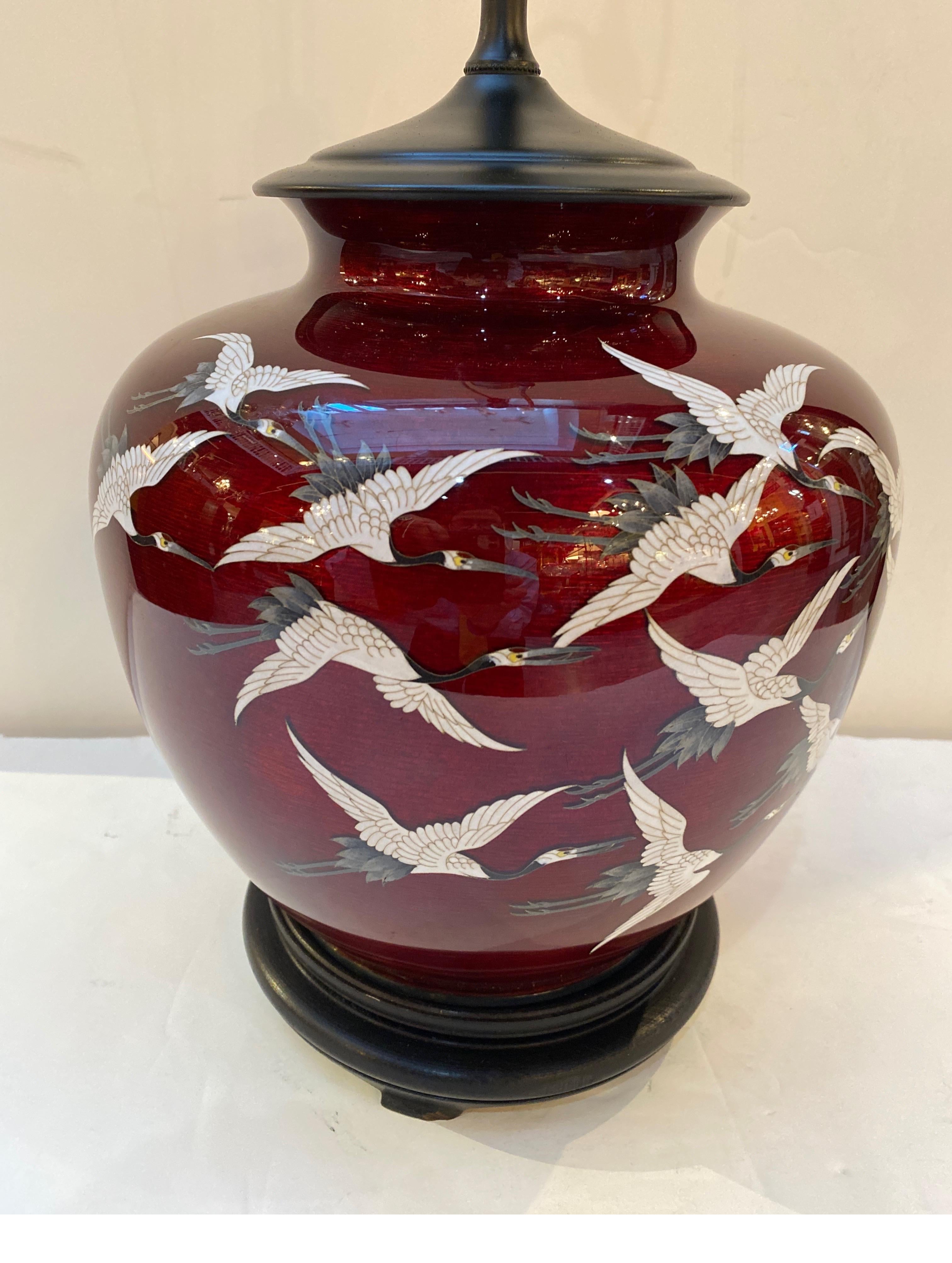 Antique Japanese Pigeon Blood Cloisonné Crane Vase Now Electrified 2