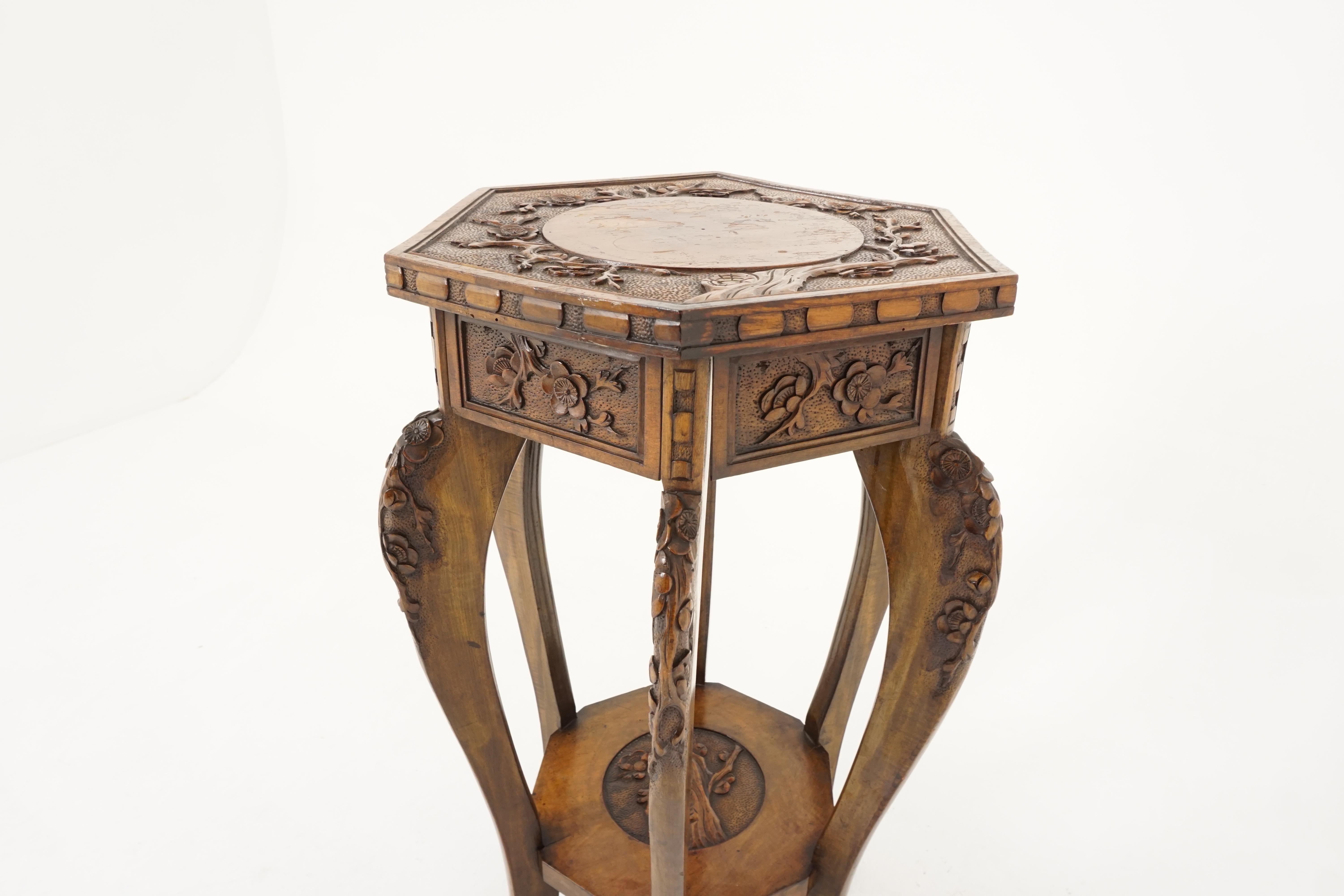 Hand-Crafted Antique Japanese Plant Stand, Carved Lacquered Lamp Table, Meiji Period, H132 For Sale