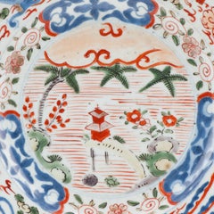 Antique Japanese Polychrome Plate Landscape Dragon Phoenix, 1660-1680