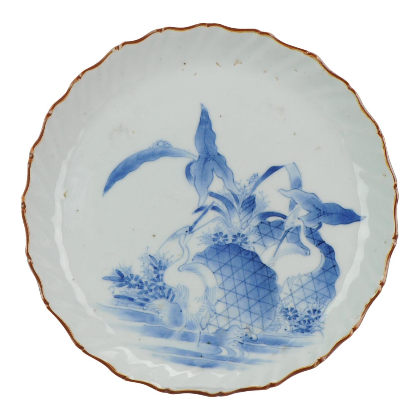 Antique Japanese Porcelain Arita Plate Ca 1700 Cranes Rocks River