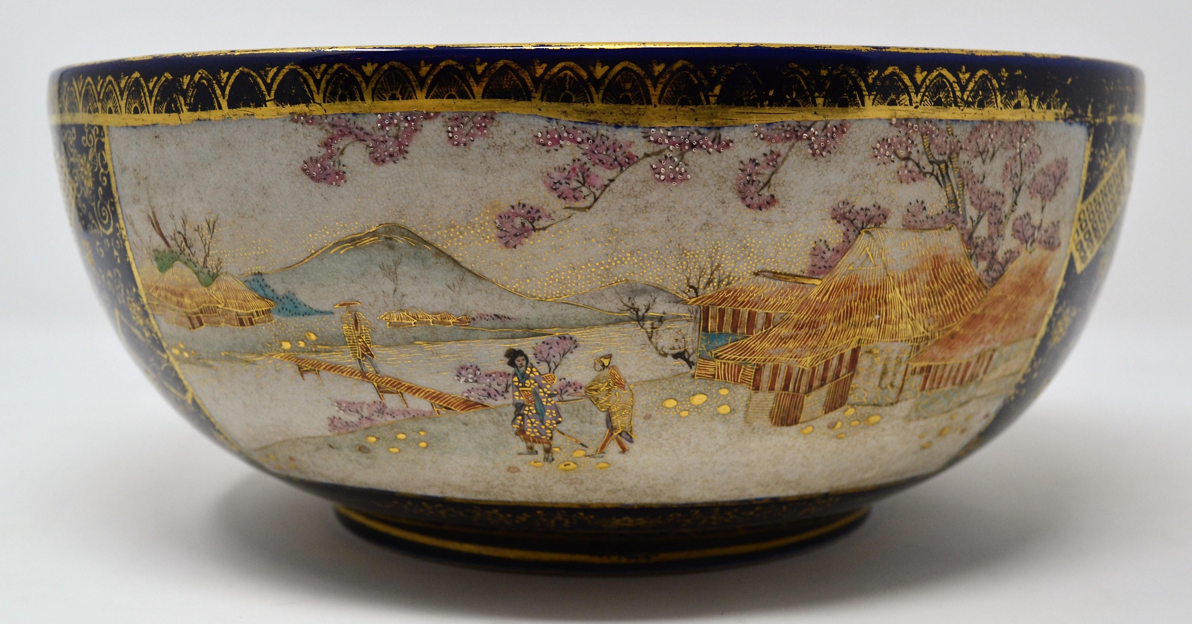 Antique Japanese Porcelain Bowl circa 1890 Kinkazen Blue and Gold In Good Condition In New Orleans, LA