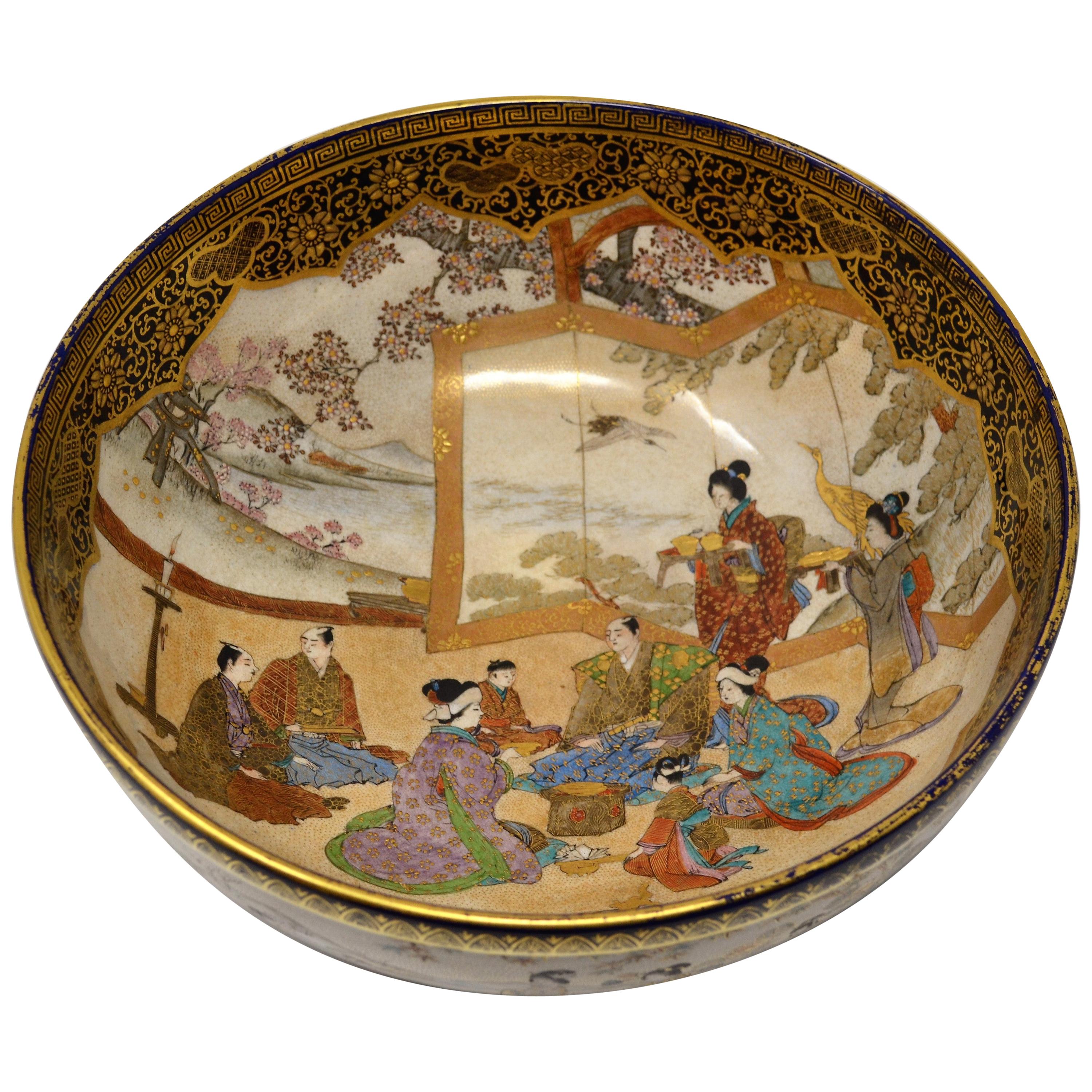 Antique Japanese Porcelain Bowl circa 1890 Kinkazen Blue and Gold