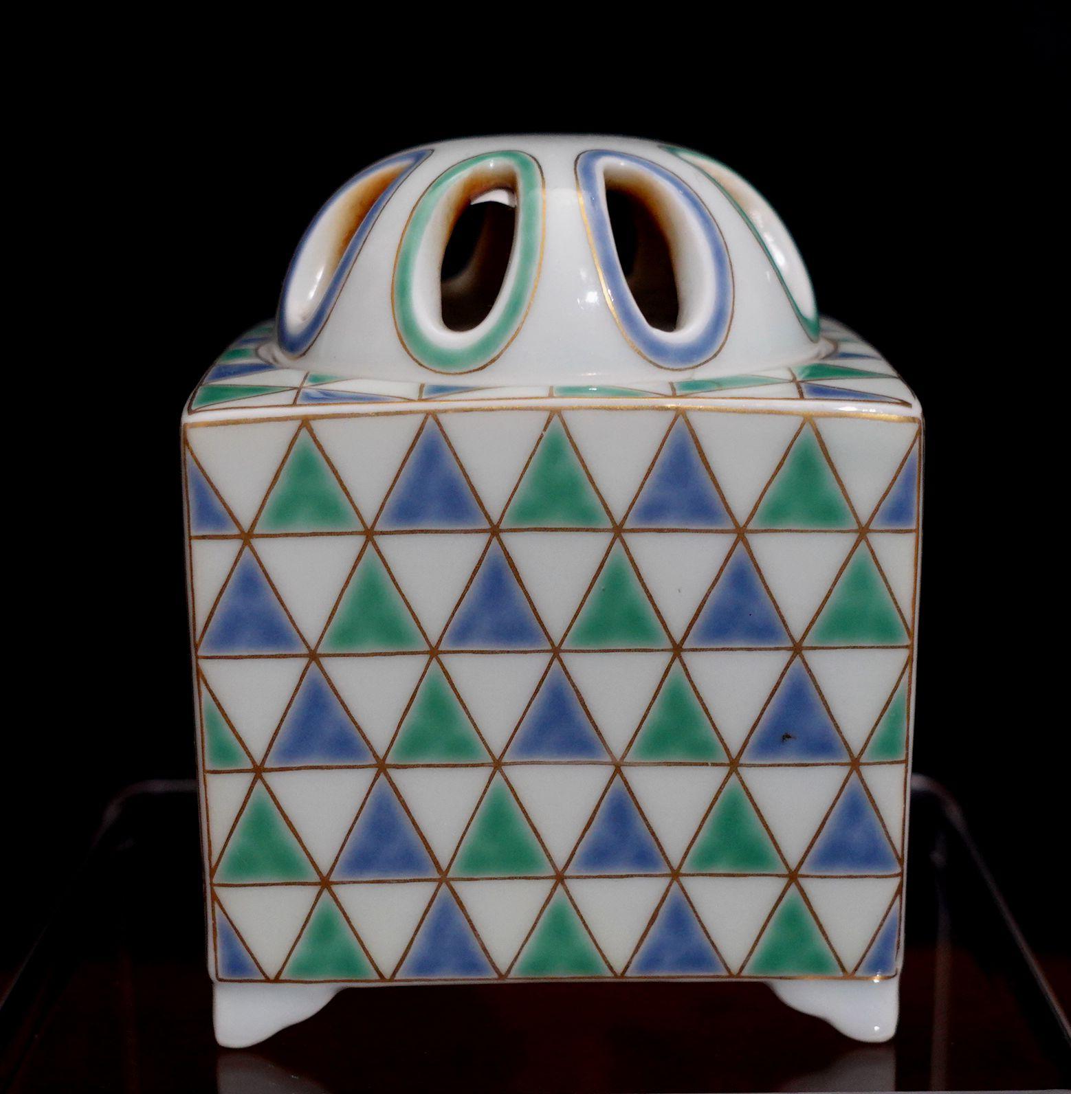 A very unusual Antique Japanese Porcelain Brazier (Incense Burner) with green checker pattern, Signed on the bottom.