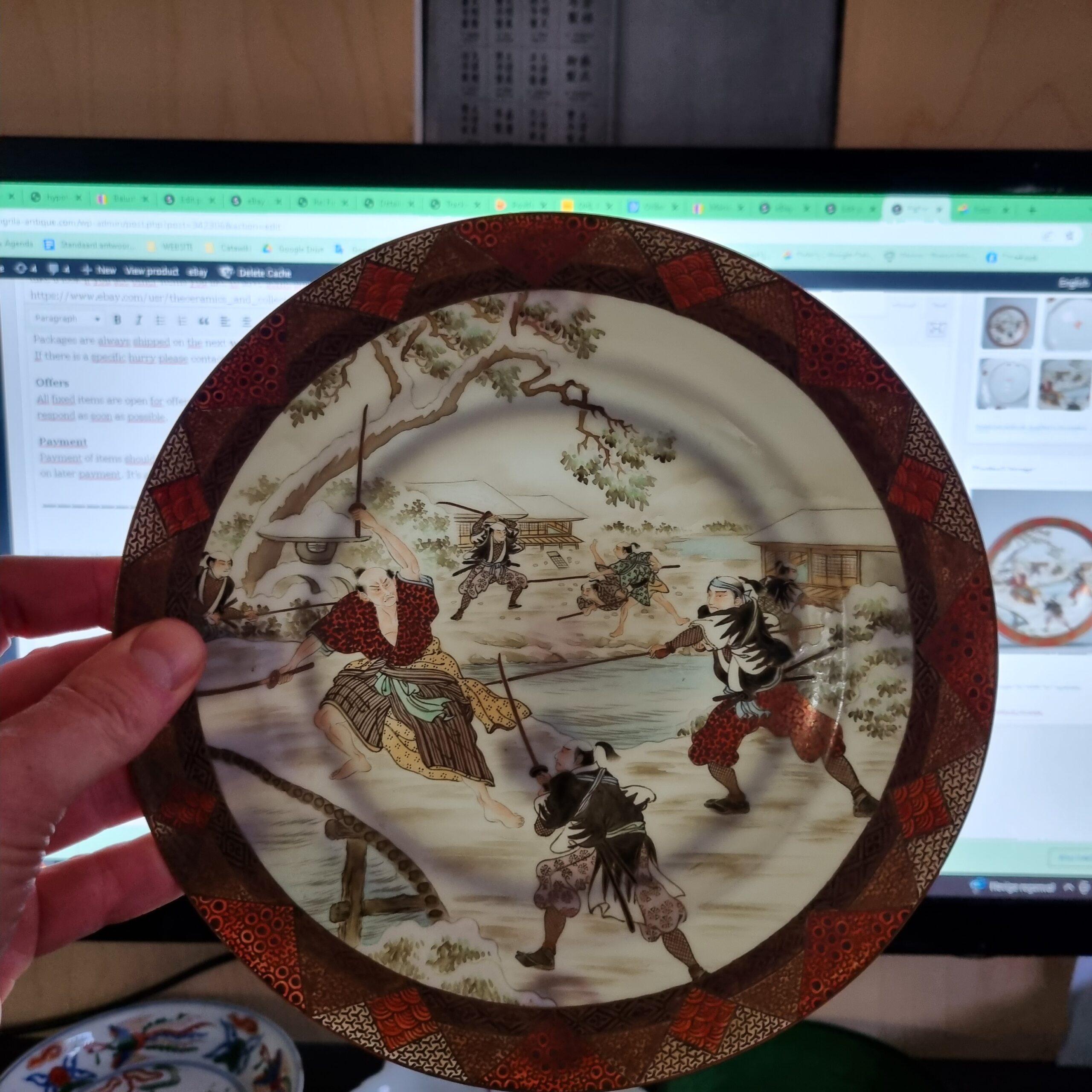 19th Century Antique Japanese Porcelain Dish with Warriors Top Quality Work Japan Marked Base For Sale