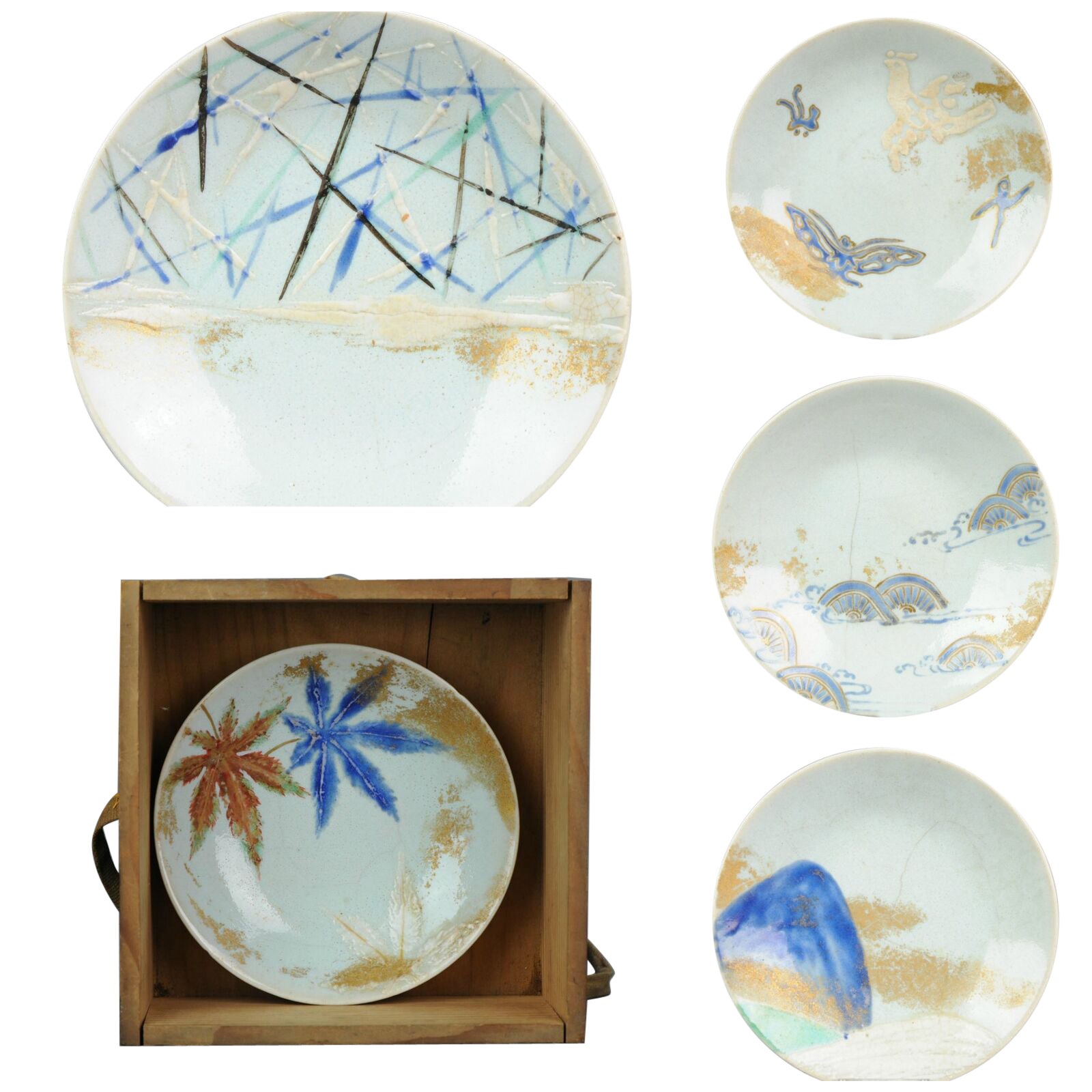 Assiettes japonaises anciennes Eiraku Ninsei Kaiseki en Tomobako, 19e siècle