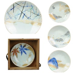 Antique Japanese Porcelain Eiraku Ninsei Kaiseki Plates in Tomobako, 19th C