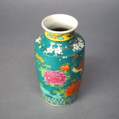 Antique Japanese Porcelain Enameled Garden Scene Vase with Birds & Flowers C1910