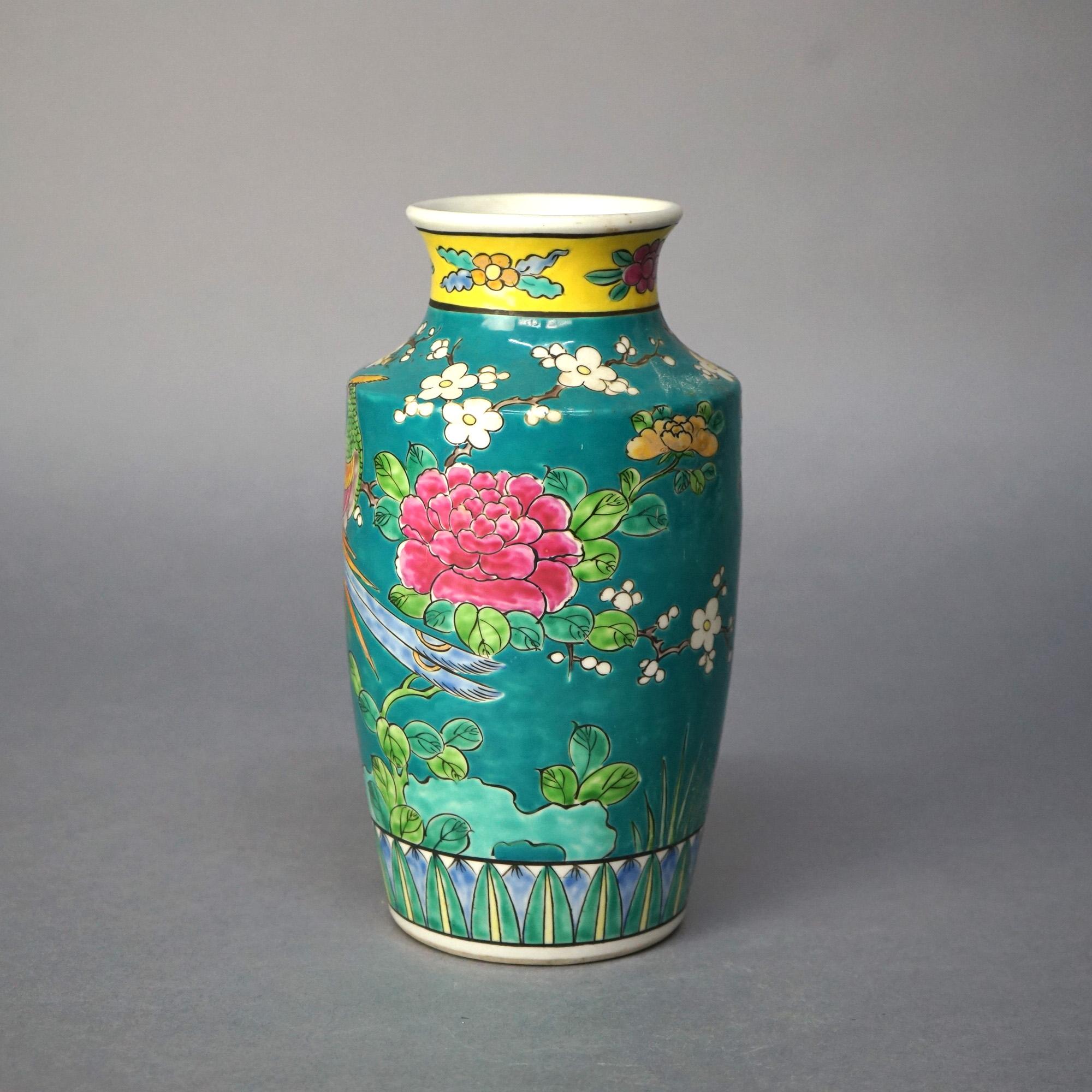 Antique Japanese Porcelain Enameled Garden Scene Vase with Birds & Flowers C1910 In Good Condition For Sale In Big Flats, NY