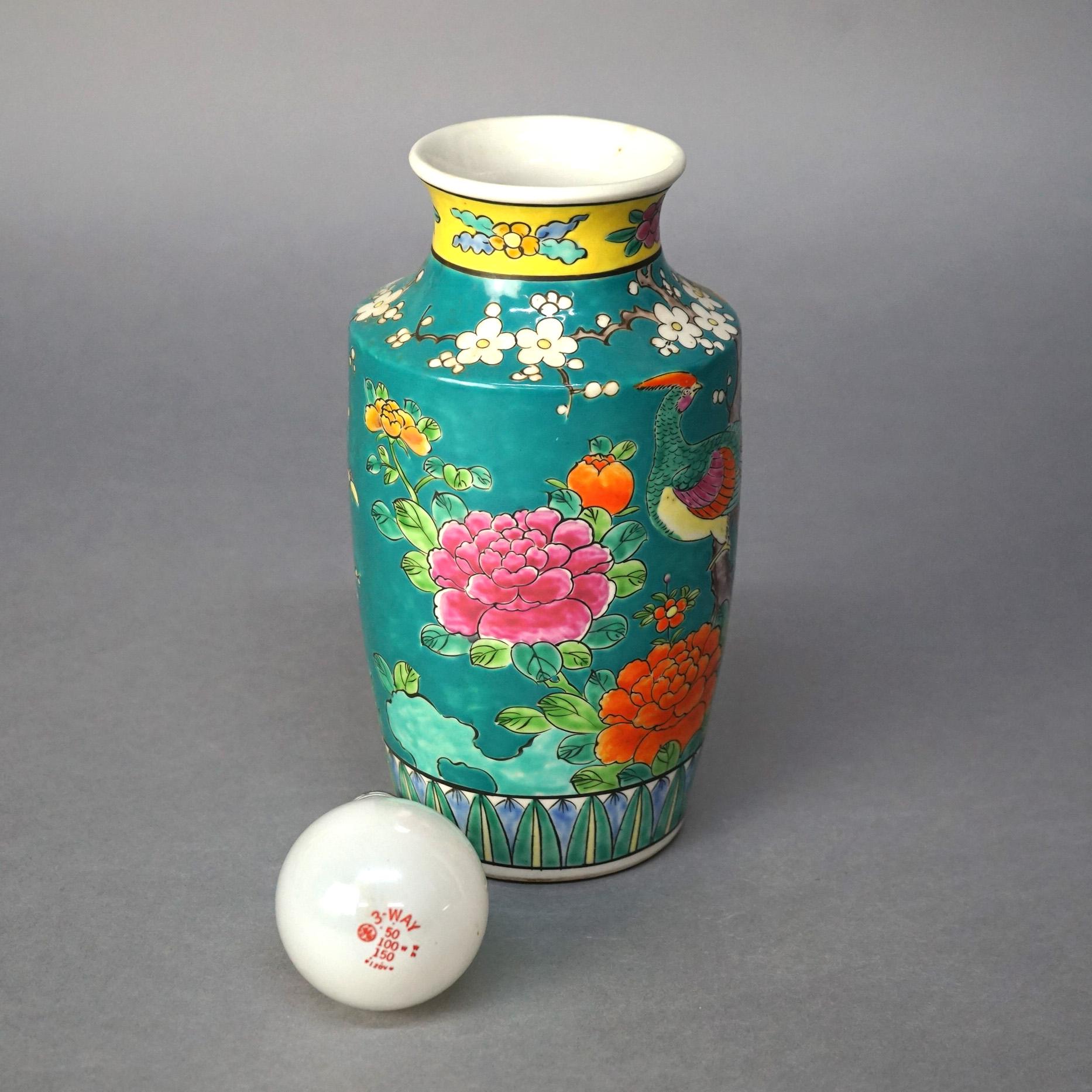 20th Century Antique Japanese Porcelain Enameled Garden Scene Vase with Birds & Flowers C1910