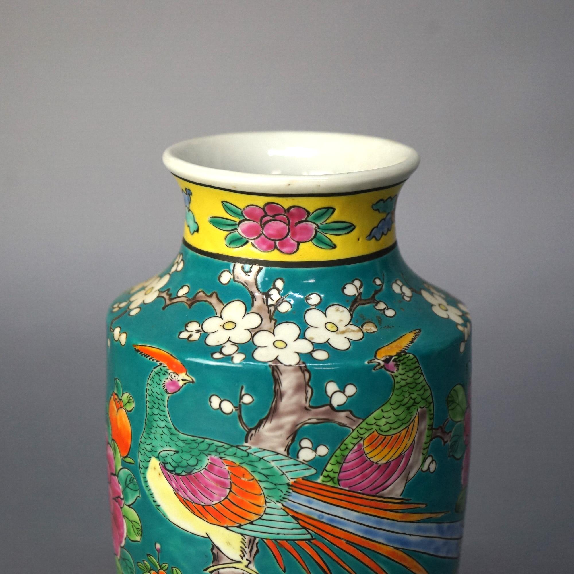 Antique Japanese Porcelain Enameled Garden Scene Vase with Birds & Flowers C1910 3