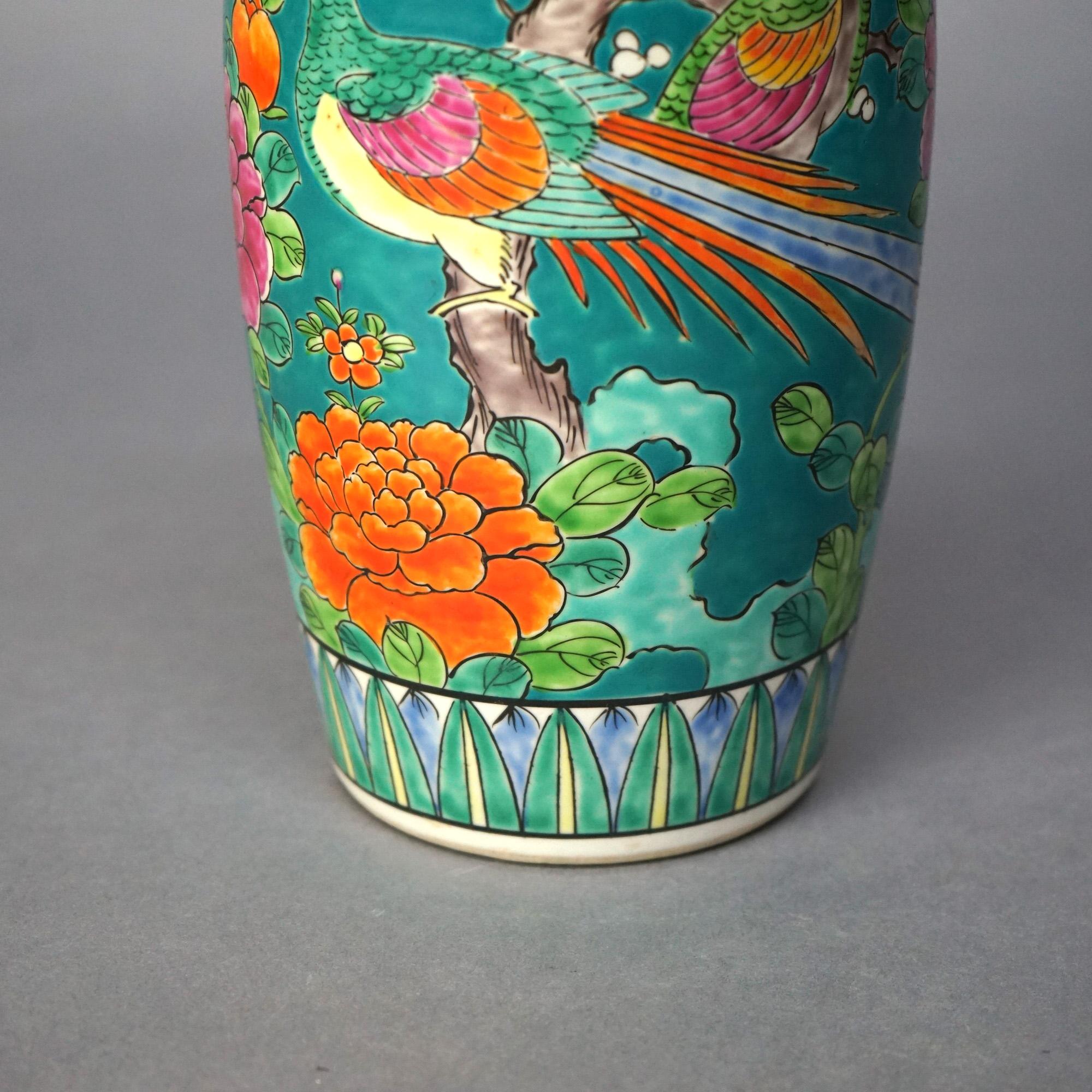 Antique Japanese Porcelain Enameled Garden Scene Vase with Birds & Flowers C1910 4