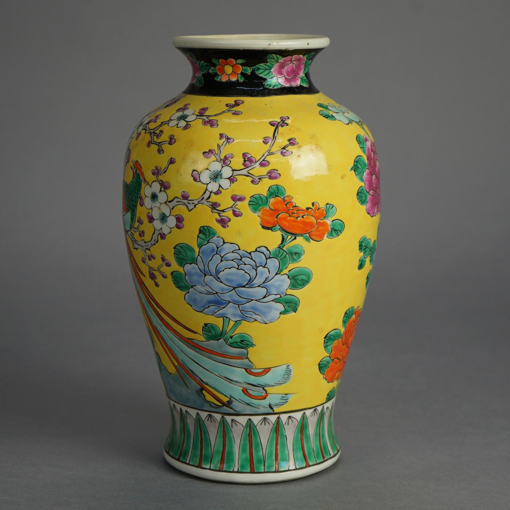 Antique Japanese Porcelain Enameled Vase, Garden &Scene Pheasant C1910 In Good Condition For Sale In Big Flats, NY