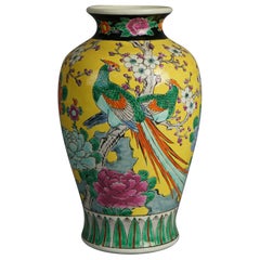 Antique Japanese Porcelain Enameled Vase, Garden &Scene Pheasant C1910