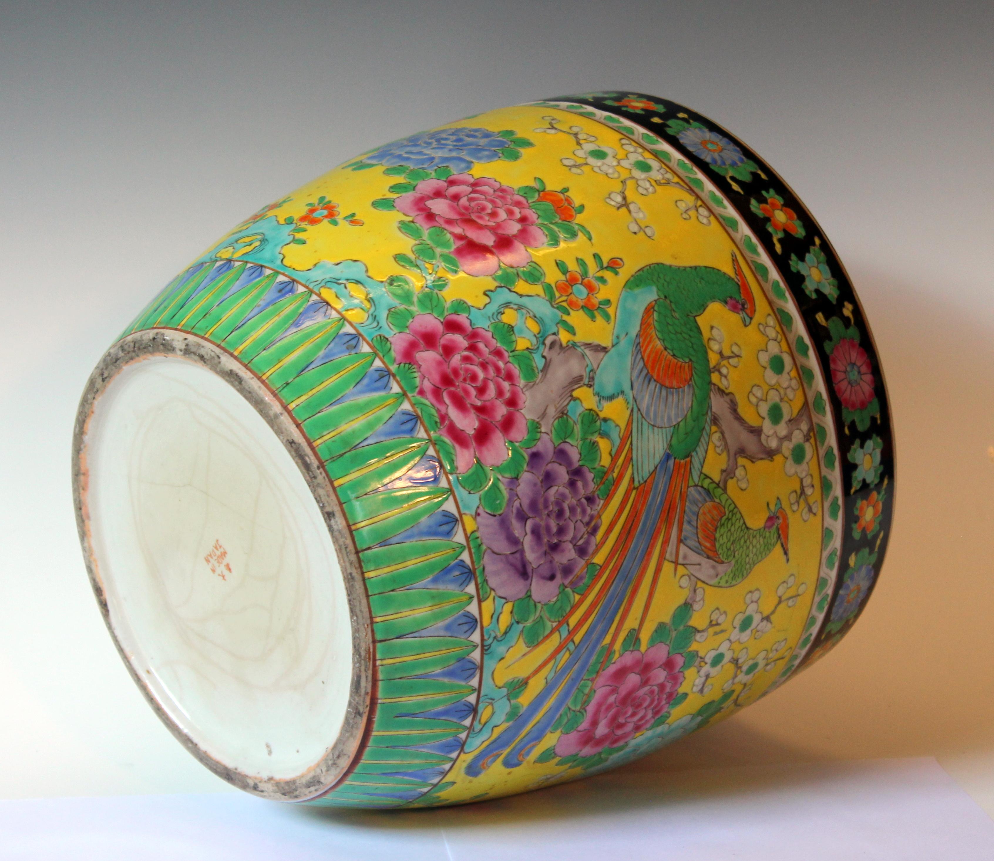 Turned Antique Japanese Porcelain Famille Jaune Signed Large Vase Planter Jardinière