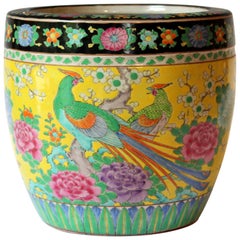 Antique Porcelaine Japonaise Famille Jaune Signé Grand Vase Planter Jardinière