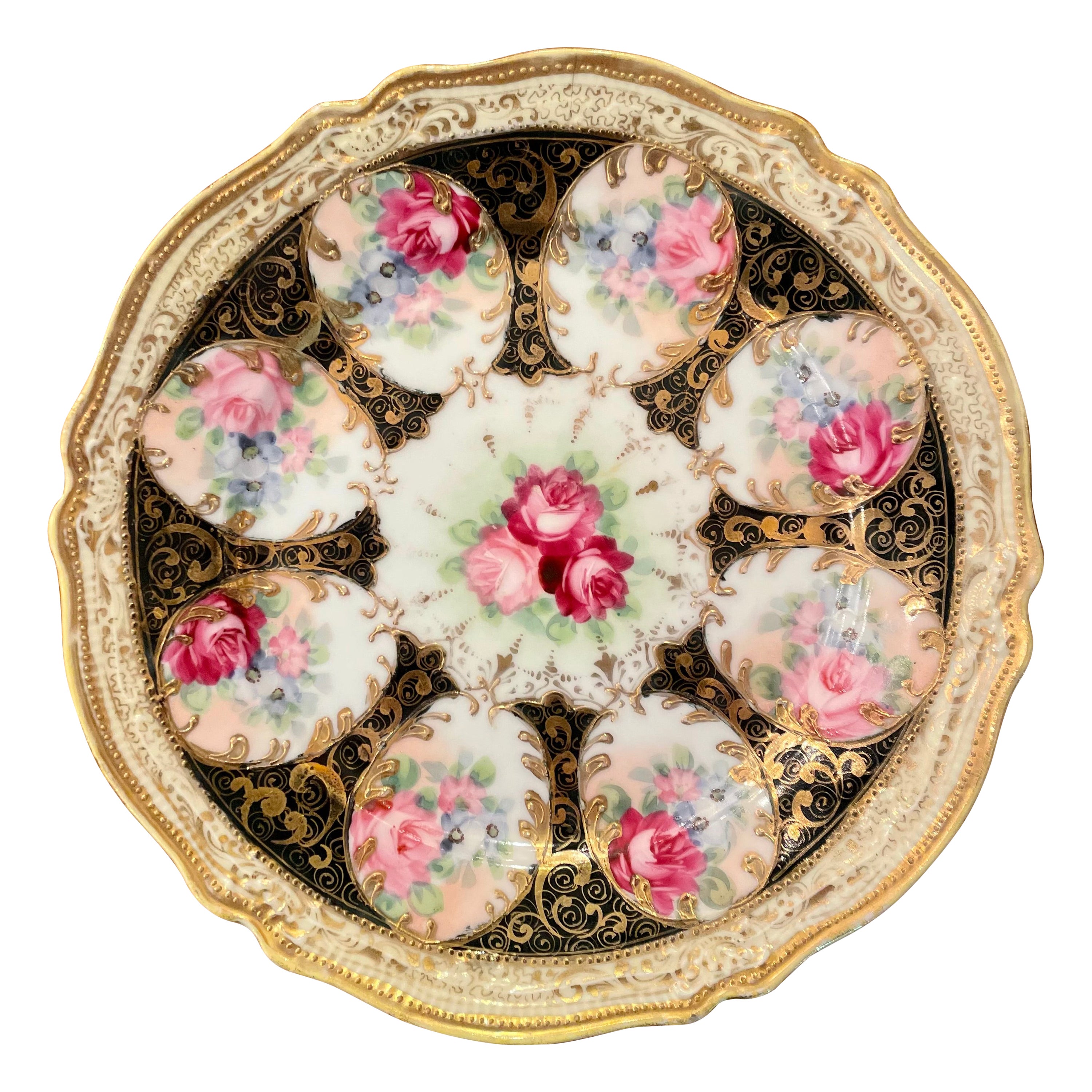 Antique Japanese Porcelain Gold, Ivory & Black with Florals Plate, Circa 1900