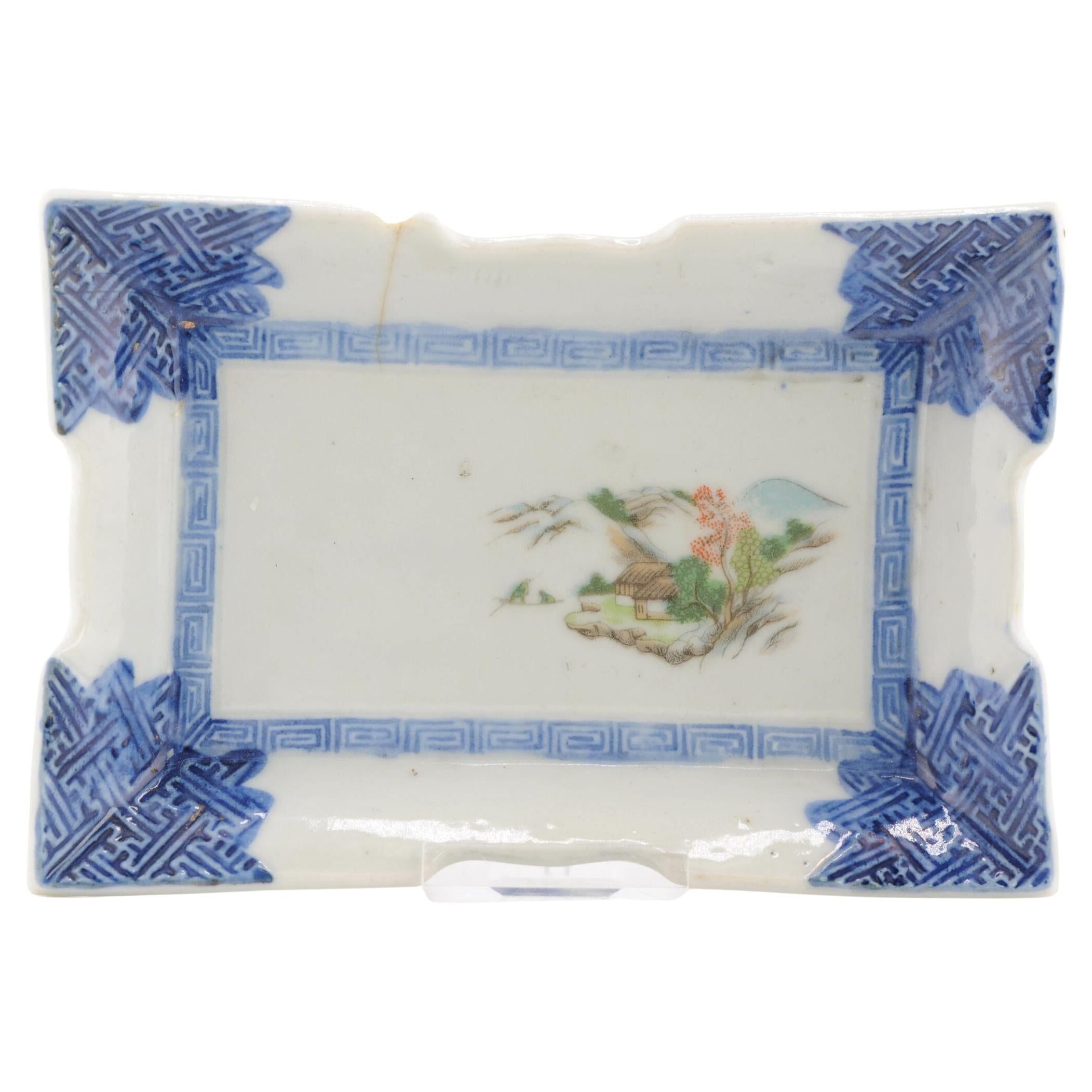 Antique Japanese Porcelain Meiji Period Arita Blue And White Dish With Green
