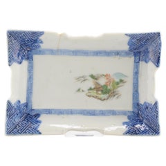 Antique Japanese Porcelain Meiji Period Arita Blue And White Dish With Green
