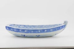 Antique Japanese Porcelain Meiji Period Arita Boat Shaped Blue And White Bowl