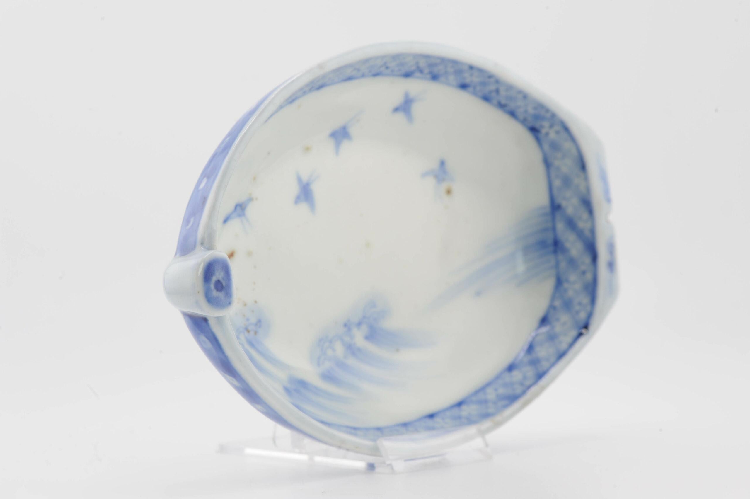 19th Century Antique Japanese Porcelain Meiji Period Arita Boat Shaped Blue And White Bowl For Sale