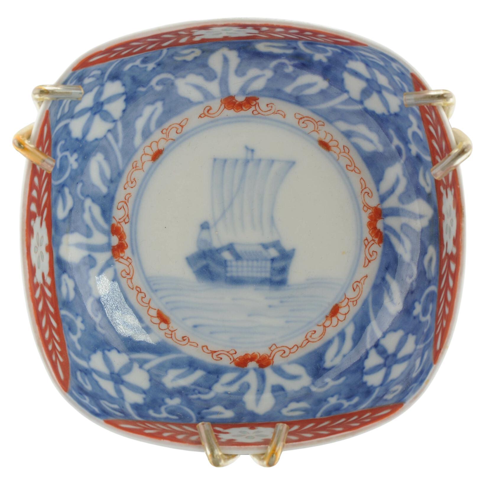 Antique Japanese Porcelain Meiji Period Arita Polychrome Bowl Ship 19th Century