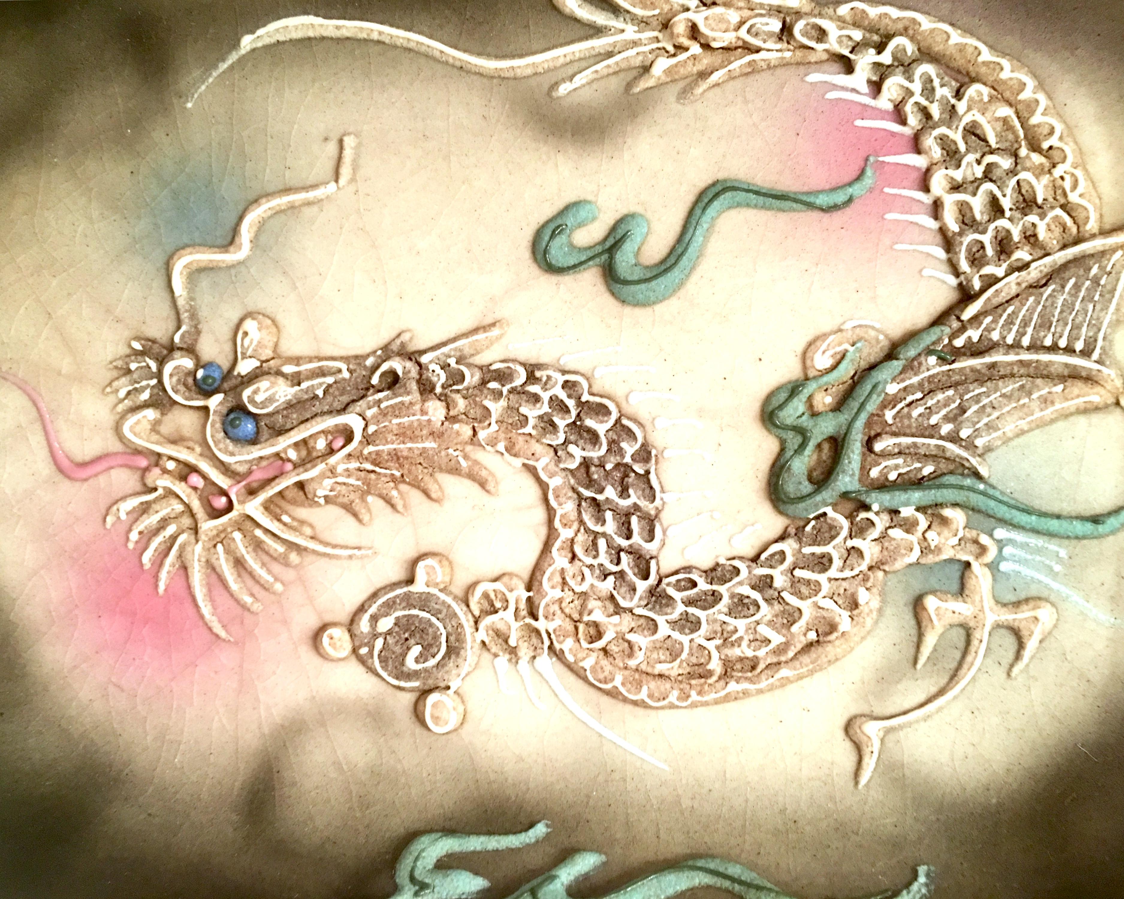 Antique Japanese Porcelain Moriage Dragon Ware Handled Divided Dish, Signed 1