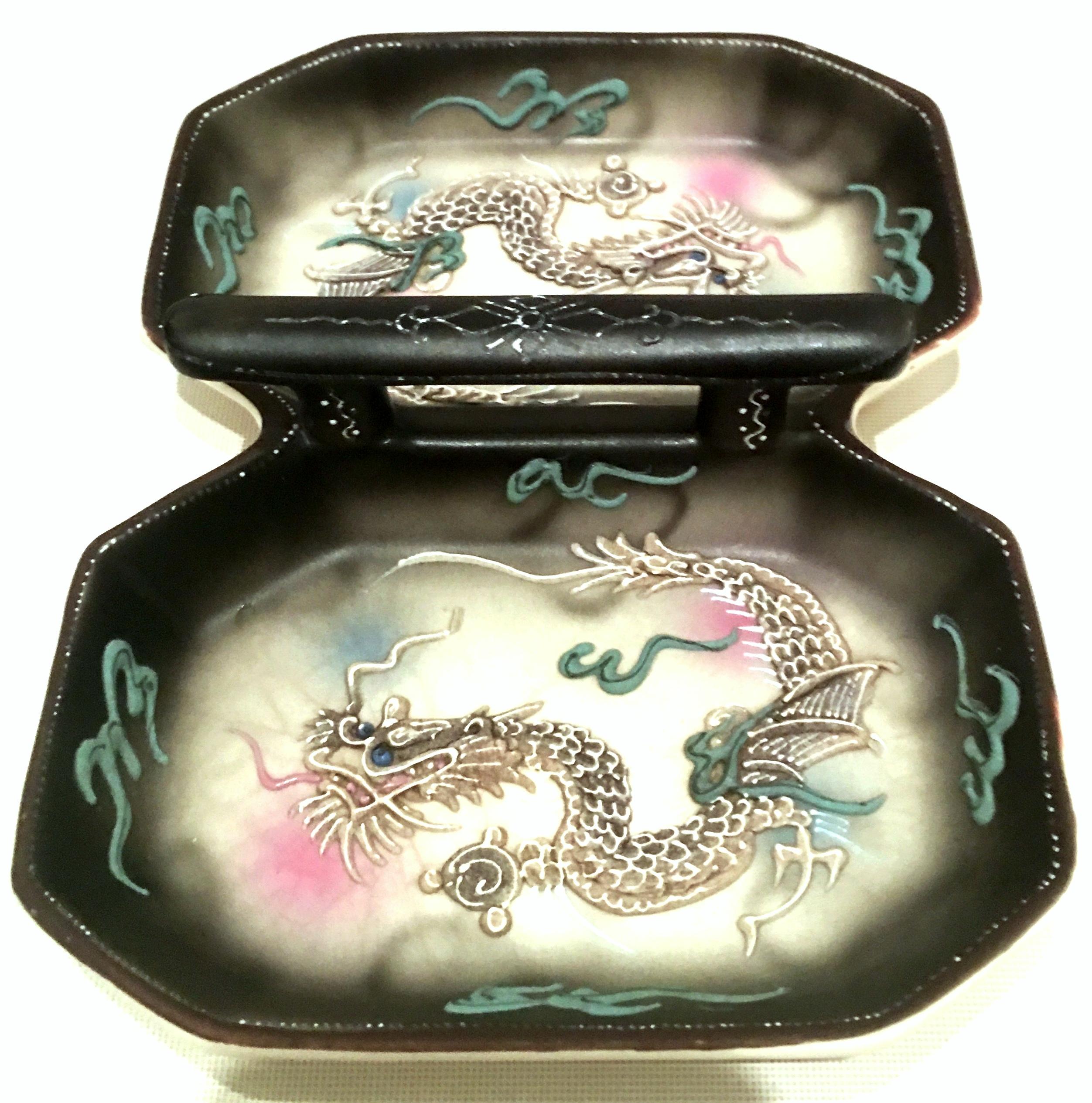 Mid-20th century Japanese Porcelain Moriage Dragon ware handled divided dish. Signed on the underside, Made In Japan.