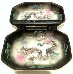 Antique Japanese Porcelain Moriage Dragon Ware Handled Divided Dish, Signed