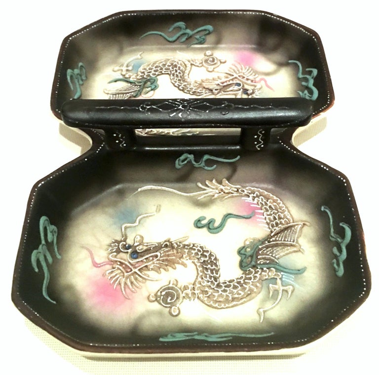 Antique Japanese Porcelain Moriage Dragon Ware Handled Divided Dish