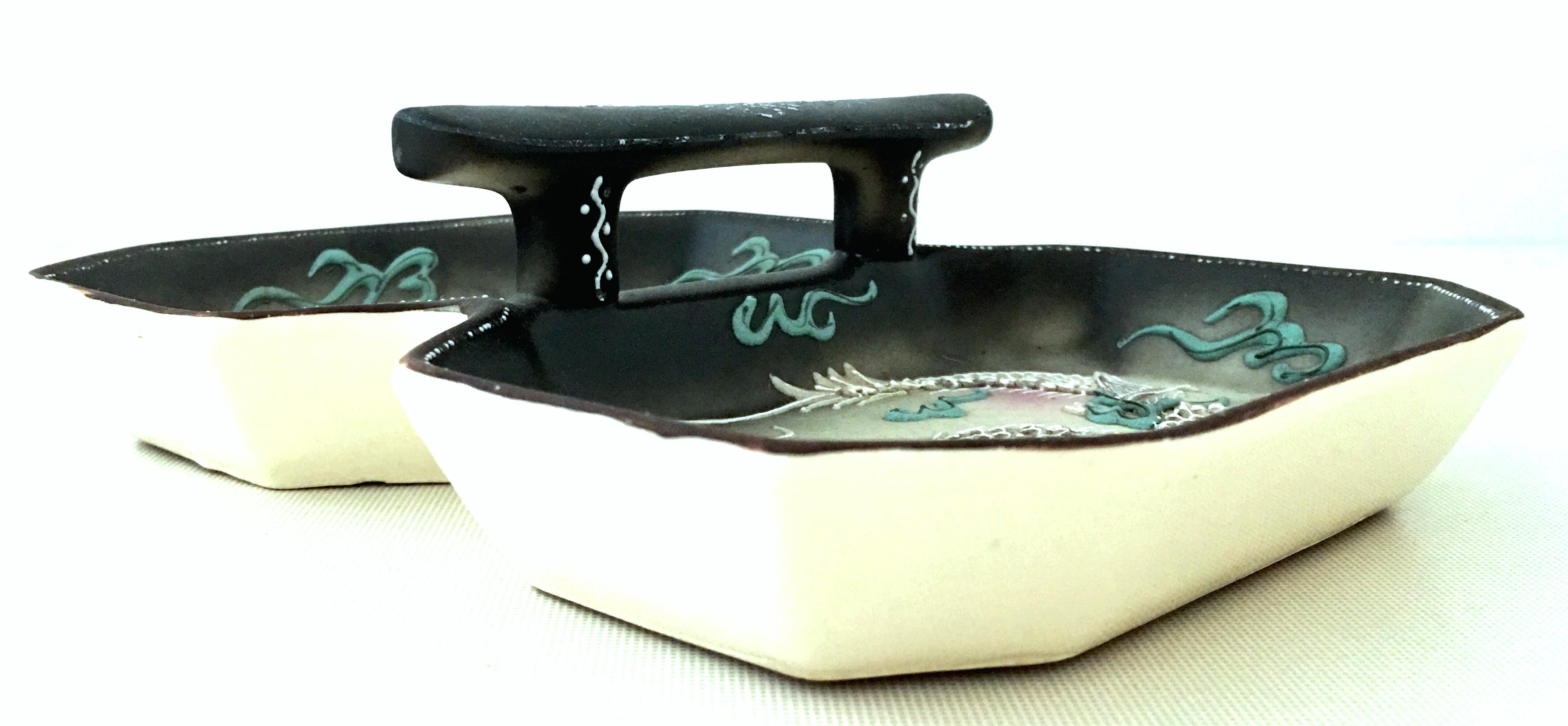 Japonisme Antique Japanese Porcelain Moriage Dragon Ware Handled Divided Dish, Signed
