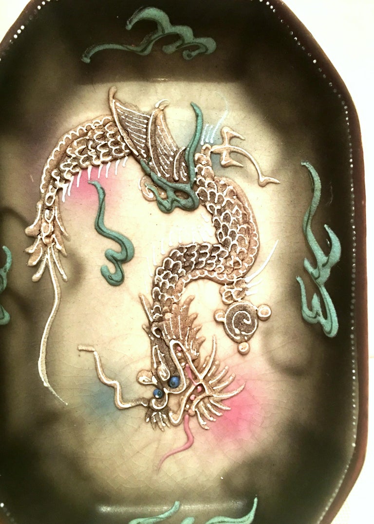Antique Japanese Porcelain Moriage Dragon Ware Handled Divided Dish